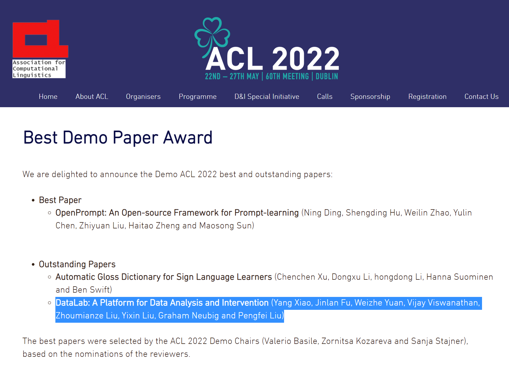 学院大四学生作为第一作者的论文荣获ACL 2022 Outstanding Demo Paper Award